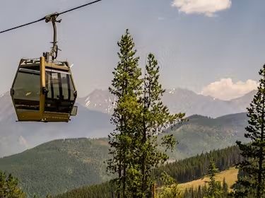 A gondola ascending a lush green mountain in Vail.